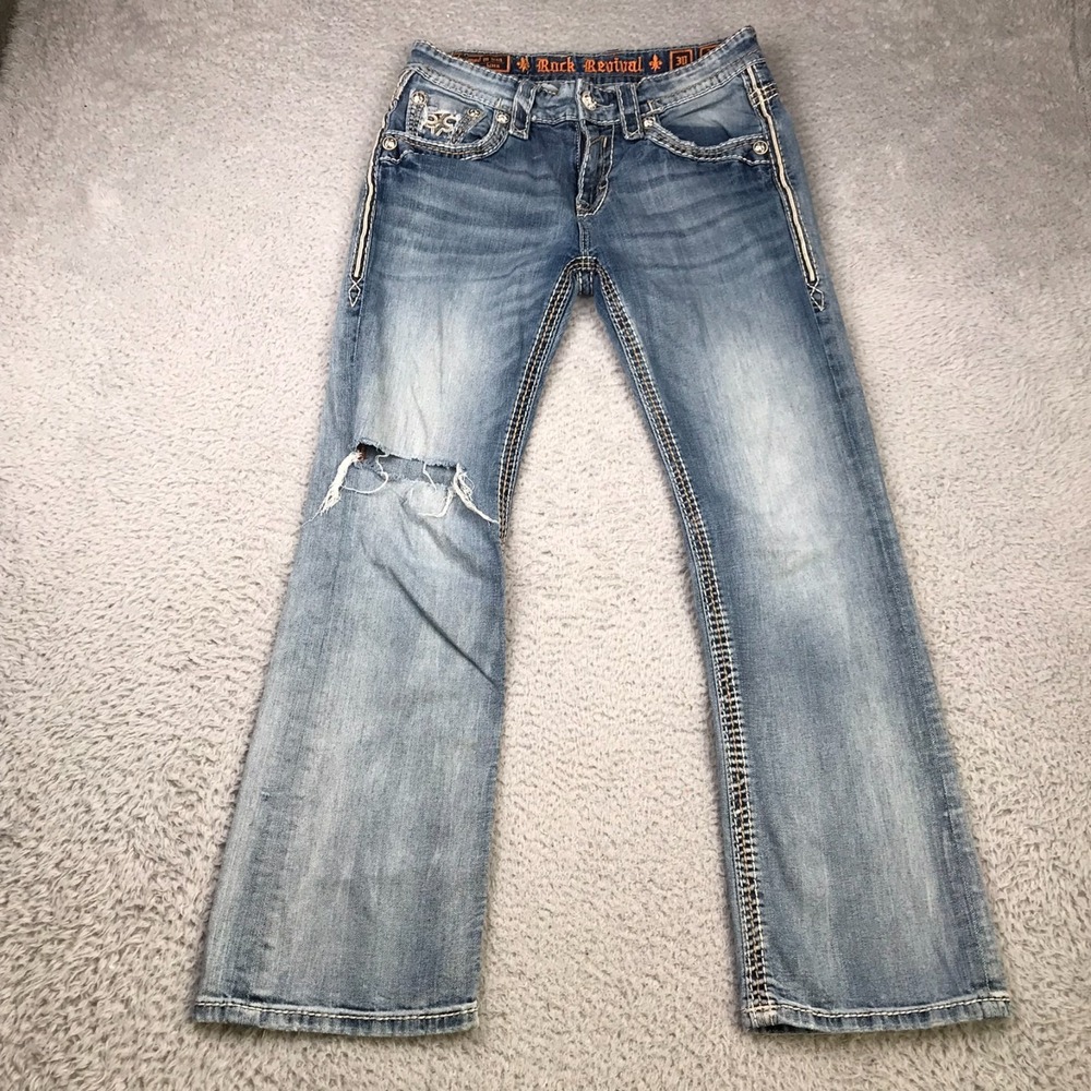 Rock Revival Ilford Boot Jeans Mens 32 (31x29) Distressed Stone Wash Embellished
